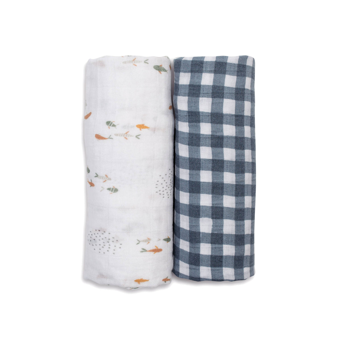 2-Pack Cotton Swaddle Blankets – Navy Gingham & Fish