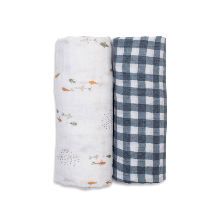 2-Pack Cotton Swaddle Blankets – Navy Gingham & Fish