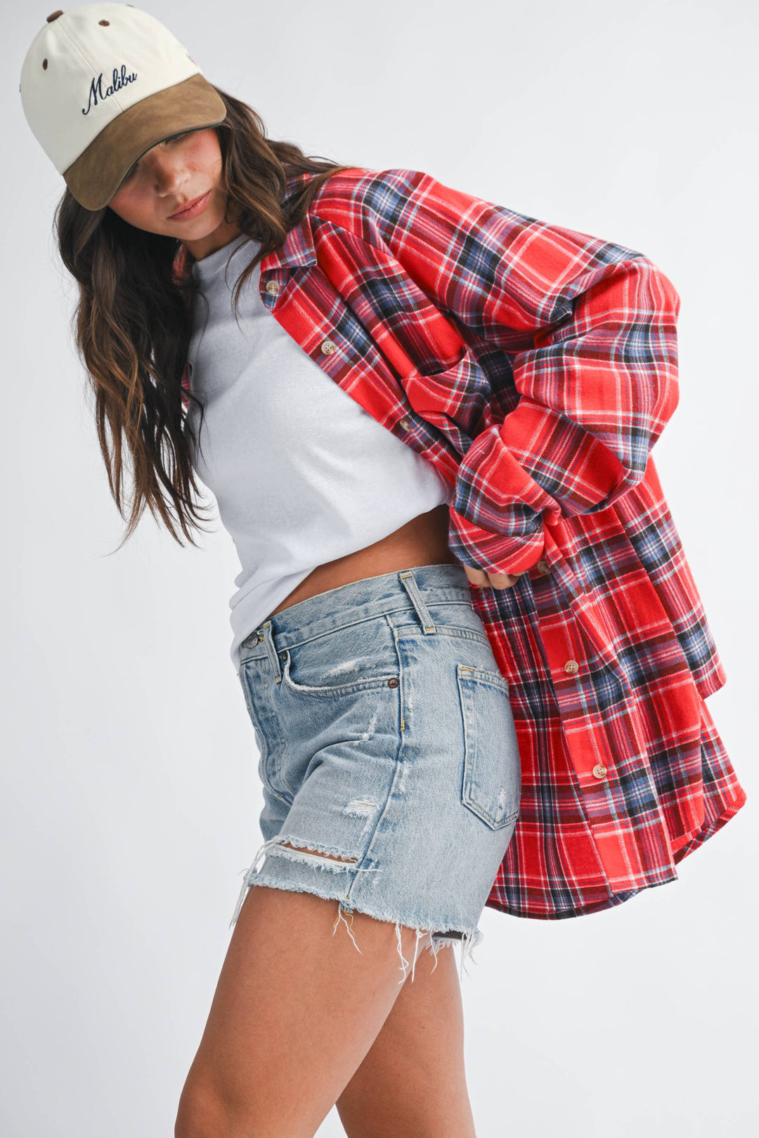 Oversized Plaid Button Down Shirt: Red