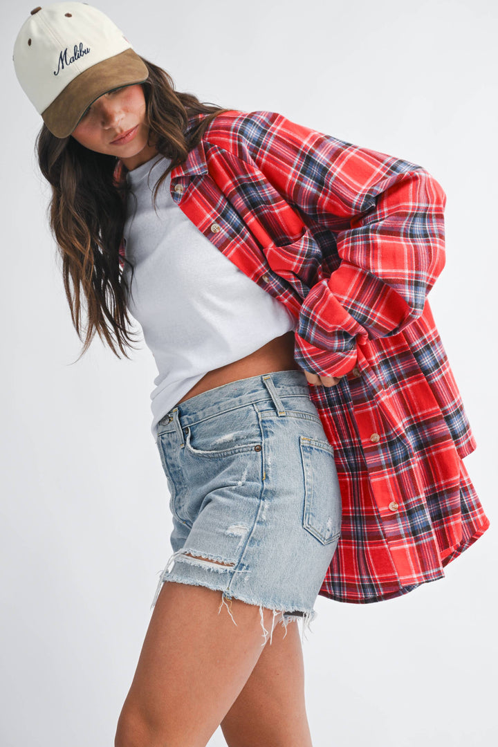Oversized Plaid Button Down Shirt: Red