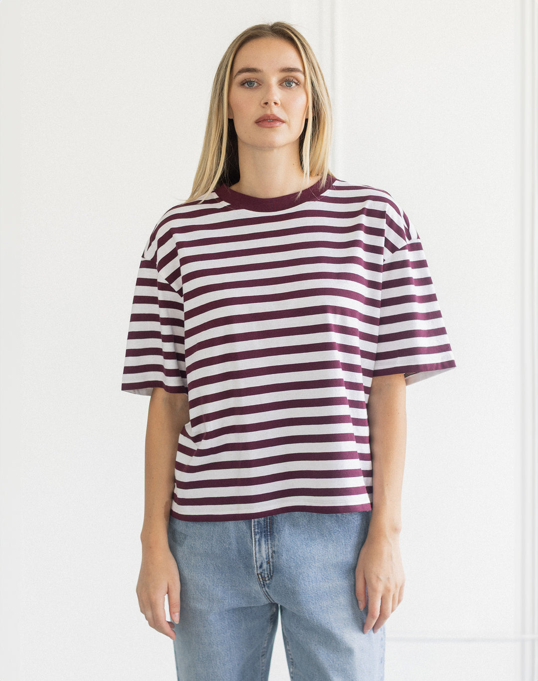 Boxy Tee- Plum/ Off White