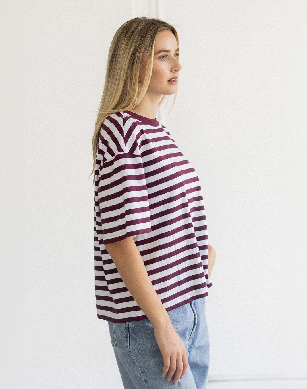 Boxy Tee- Plum/ Off White