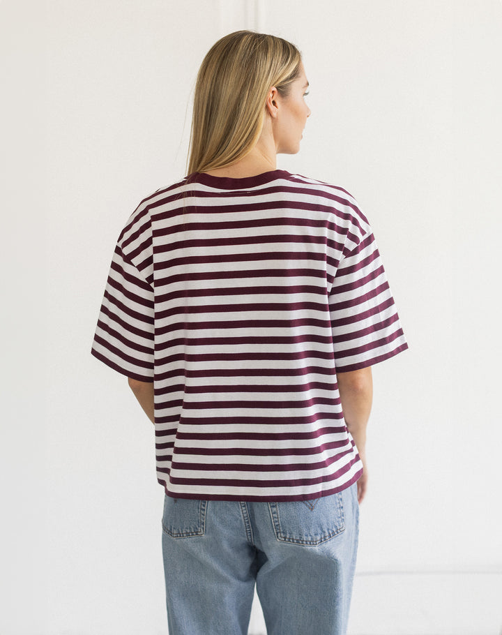 Boxy Tee- Plum/ Off White