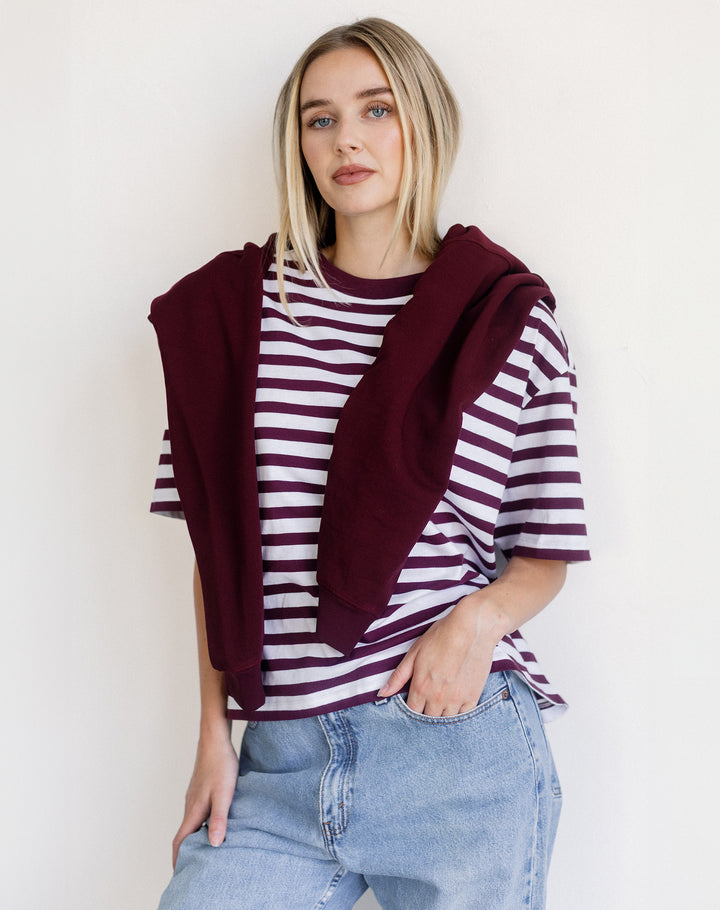 Boxy Tee- Plum/ Off White