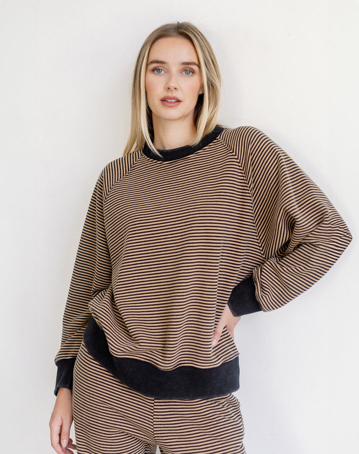 Mini Stripe Crew- Washed Black/Tan