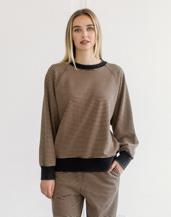 Mini Stripe Crew- Washed Black/Tan
