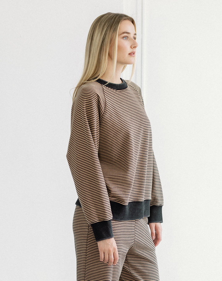 Mini Stripe Crew- Washed Black/Tan