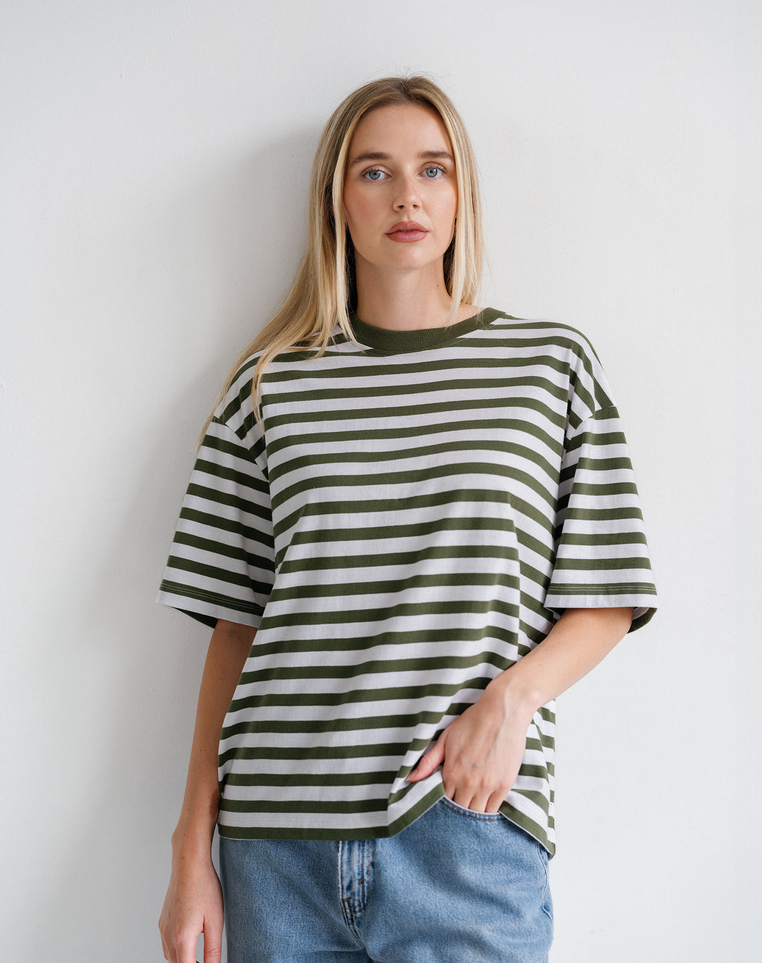 Boxy Tee- Chive/Off White
