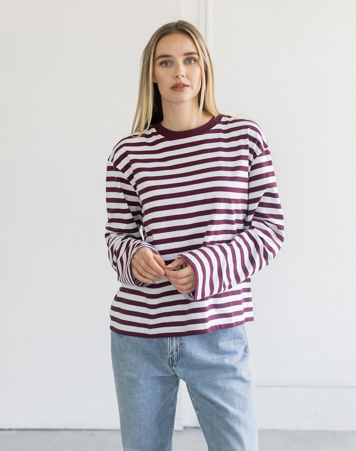 Long Sleeve Boxy Tee- Plum/Off White