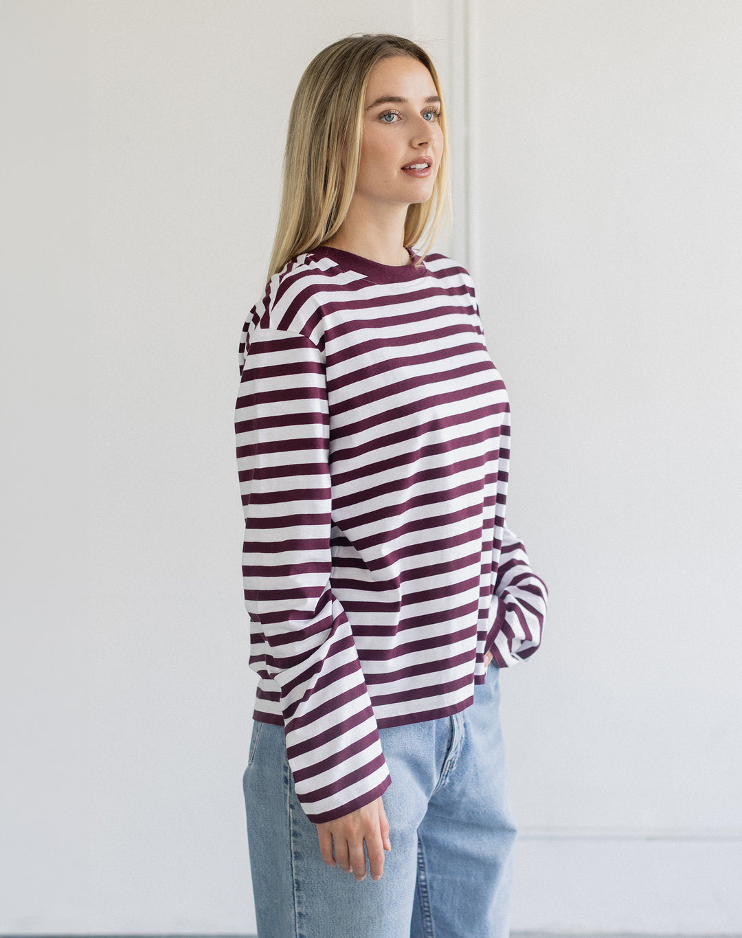 Long Sleeve Boxy Tee- Plum/Off White