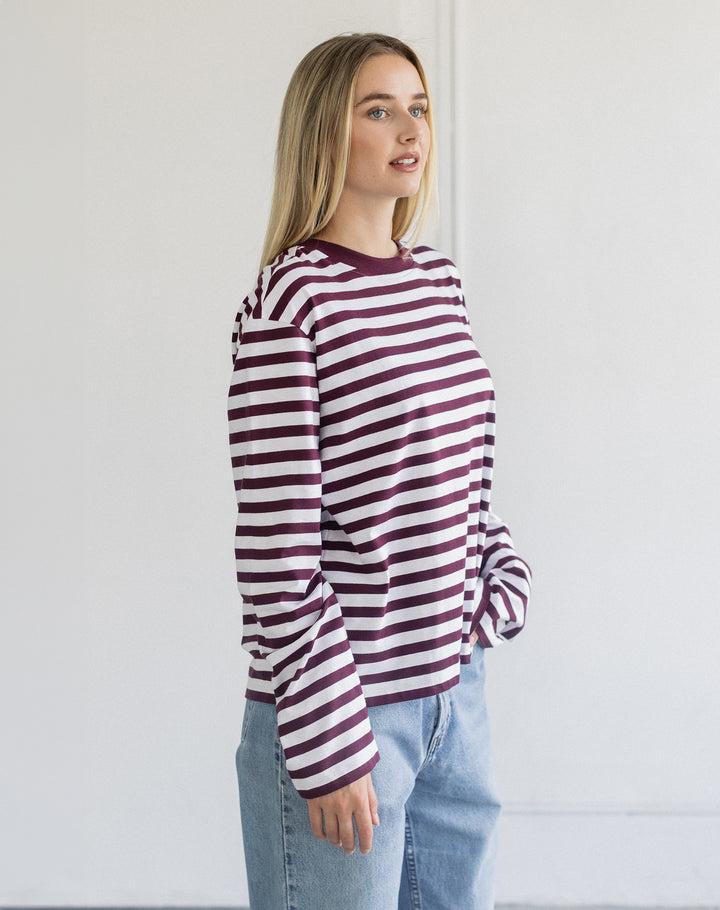 Long Sleeve Boxy Tee- Plum/Off White