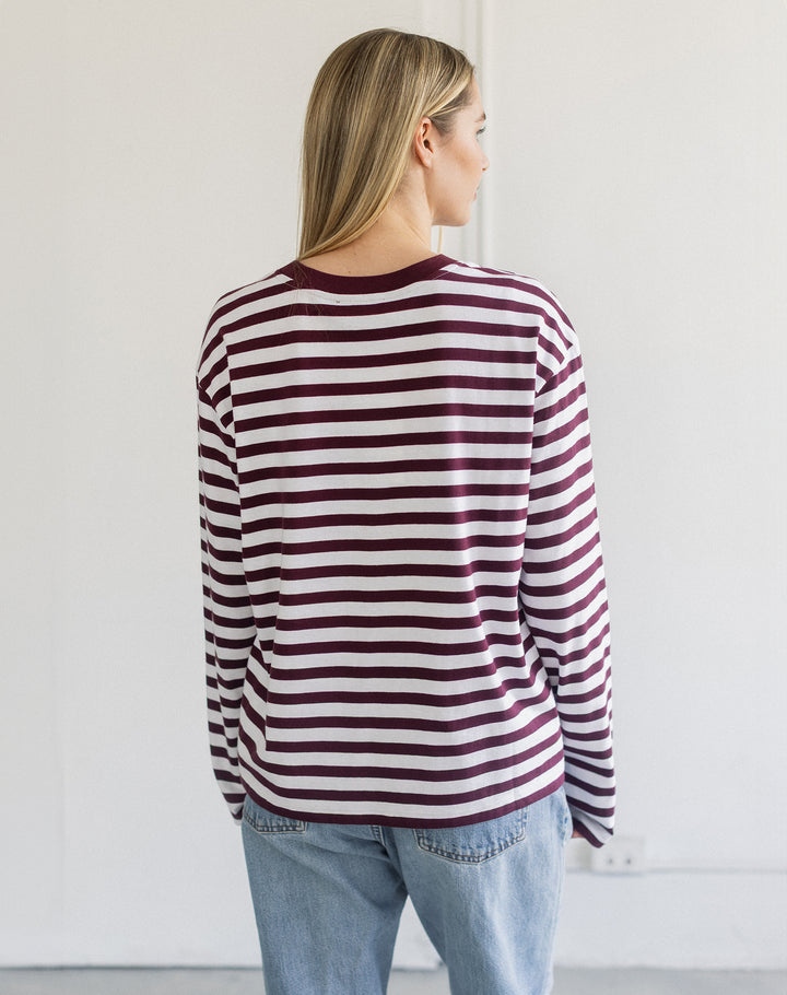 Long Sleeve Boxy Tee- Plum/Off White