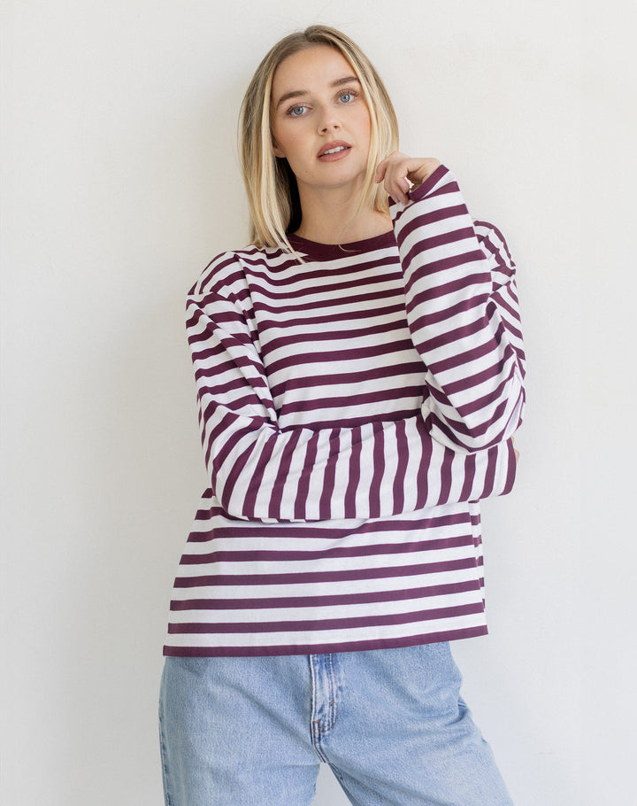 Long Sleeve Boxy Tee- Plum/Off White