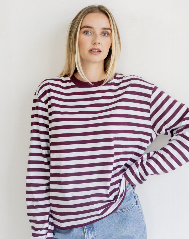 Long Sleeve Boxy Tee- Plum/Off White