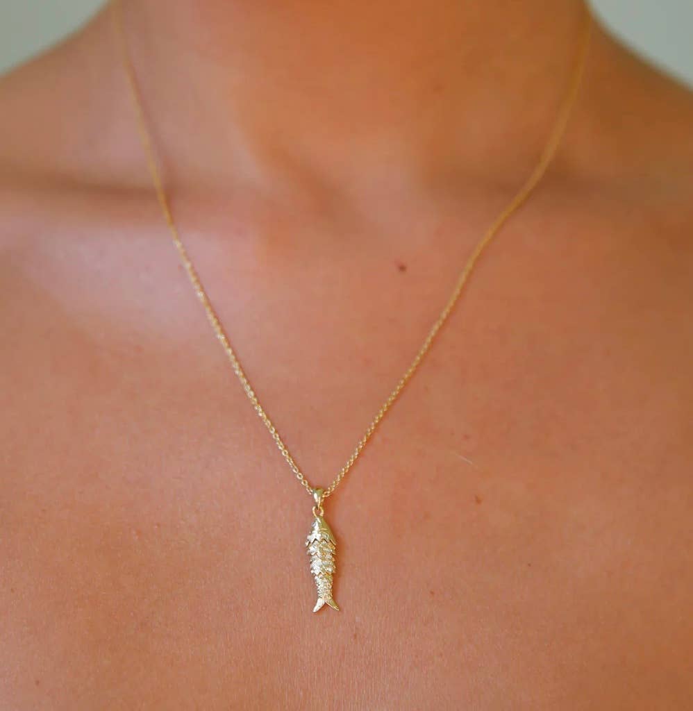 Lure- 14K Gold Steel Articulated Portuguese Fish Necklace : Small