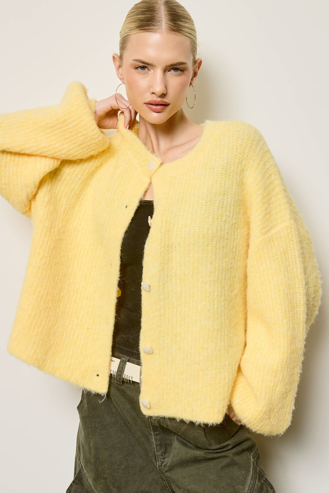 Balloon Sleeve Knit Cardigan: Butter