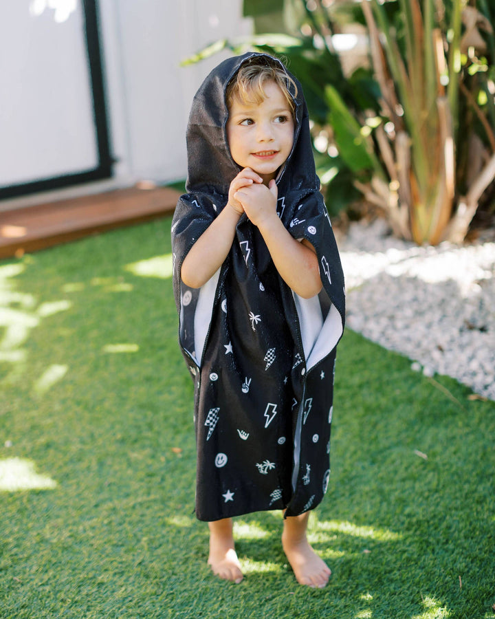 Kids Hooded Beach Poncho - Monochrome Smiley