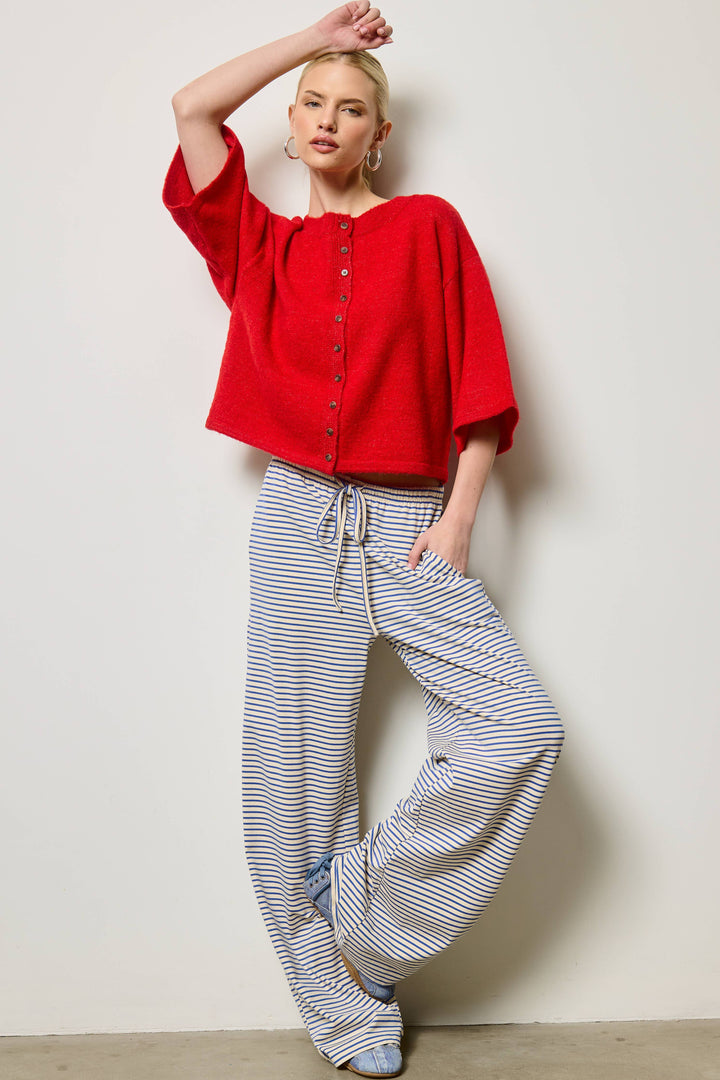 Wide Sleeve Button Front Knit Cardigan: Red