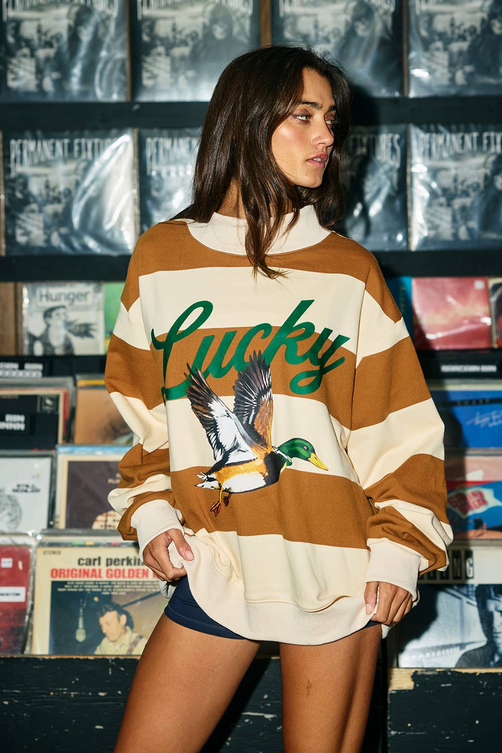 Lucky Mallard Duck Mock-Neck Sweatshirt: CAMEL/CREAM