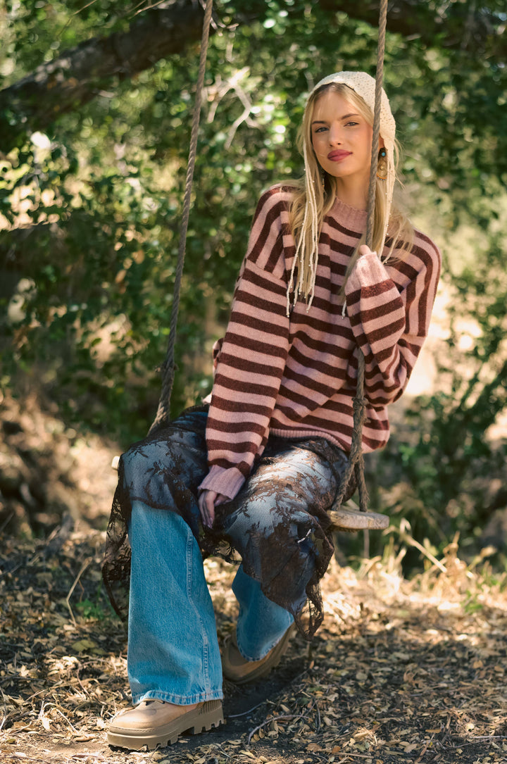 Slouchy Stripe Knit Sweater: Russet