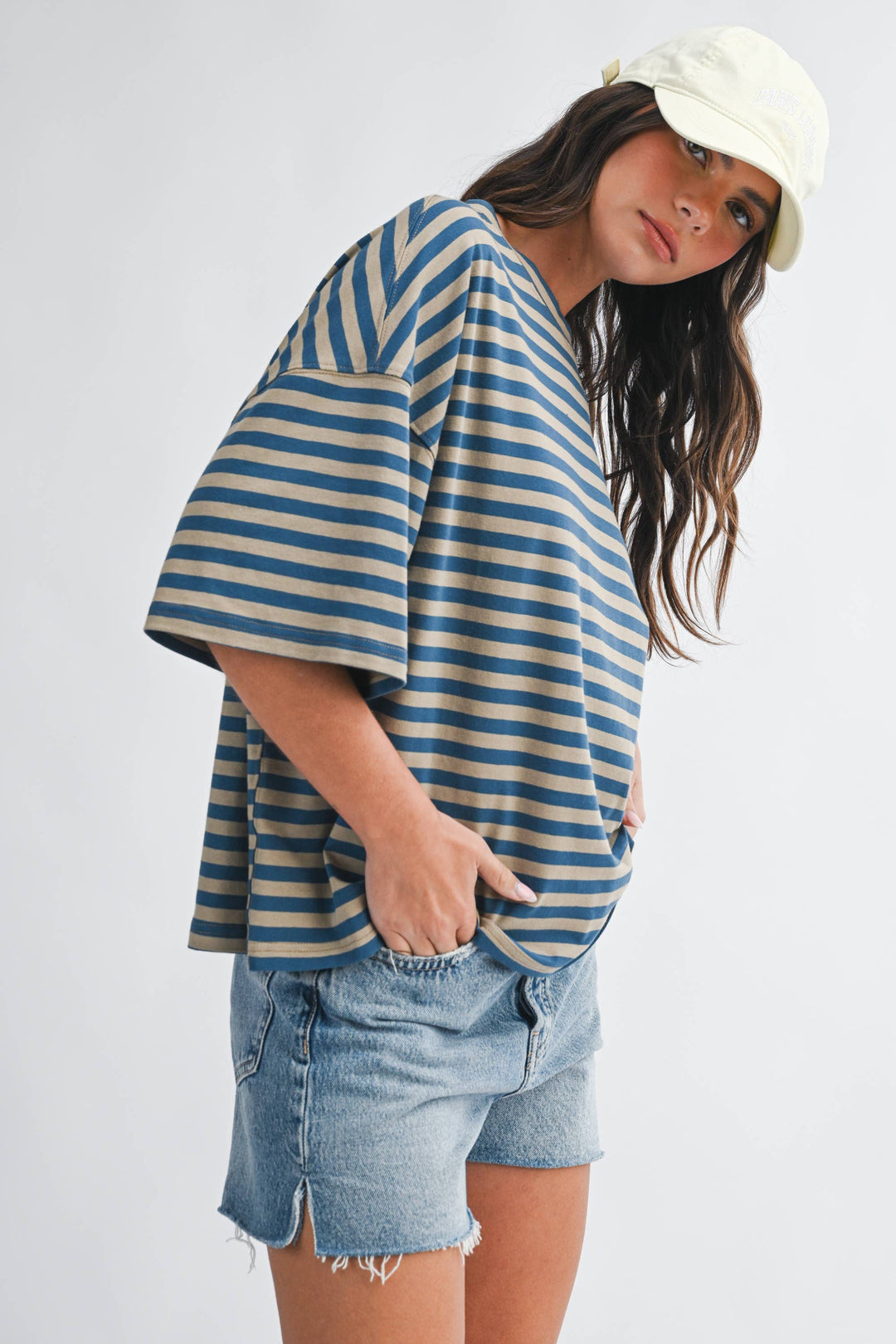 Oversized Stripe Boyfriend Tee: Tan