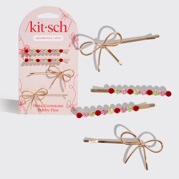 Holiday Gemstone and Bow Bobby Pins 4pc Set