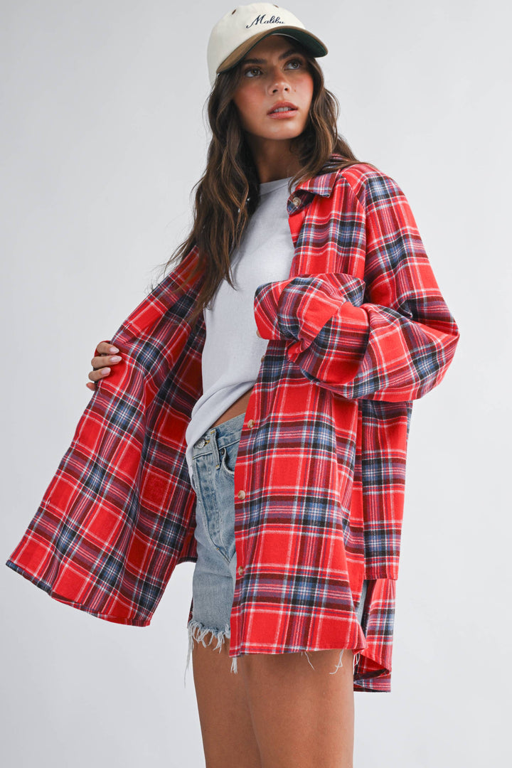 Oversized Plaid Button Down Shirt: Red