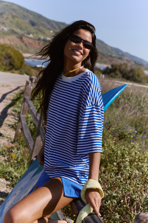 Printed Tackle Tee- Court Stripe Electric Blue