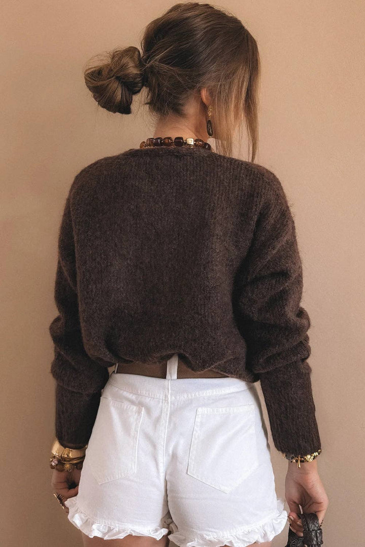 Chicory Coffee Heart Metal Button V Neck Cardigan Sweater: Chicory Coffee