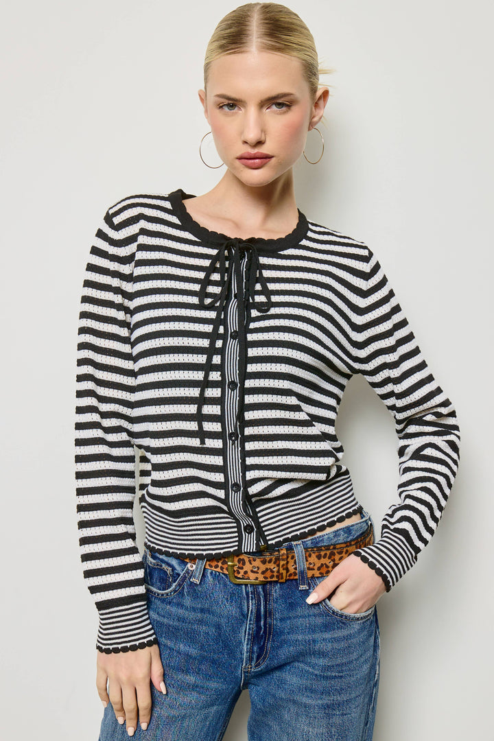 Mixed Stripe Bow Tie Cardigan: Black