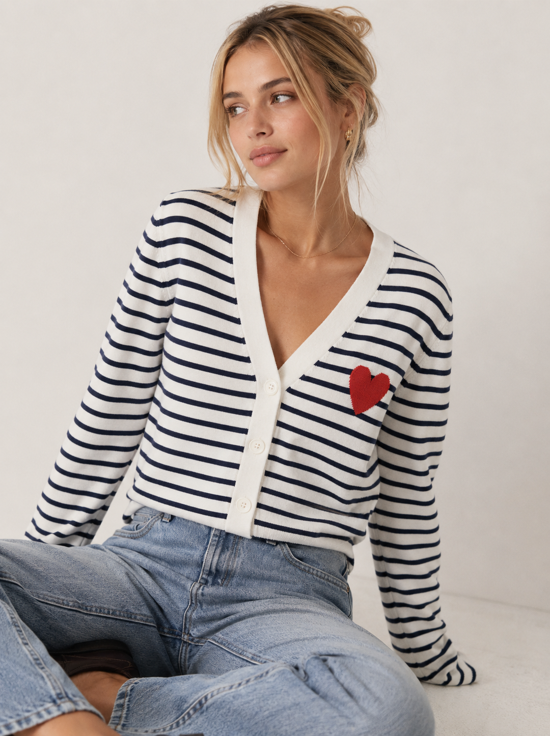 Heart Patch Yarn Dye Stripe Cropped Cardigan: Black