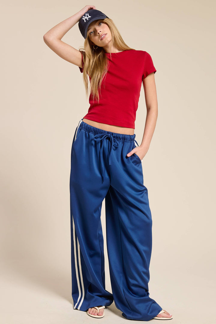 Wide Leg Track Pants with Side Stripes: Blue