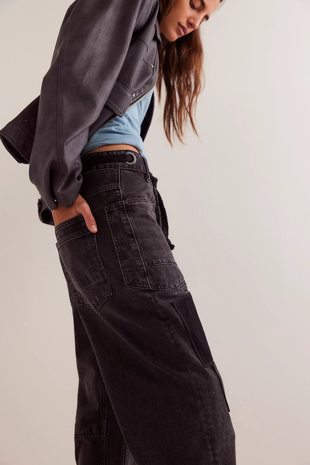 Moxie Low Slung Pull on Barrel Jeans - Night Hawk