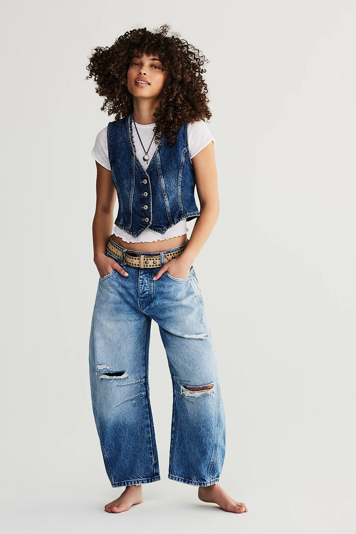 Good Luck Mid Rise Barrel Jeans - Barnyard Blue