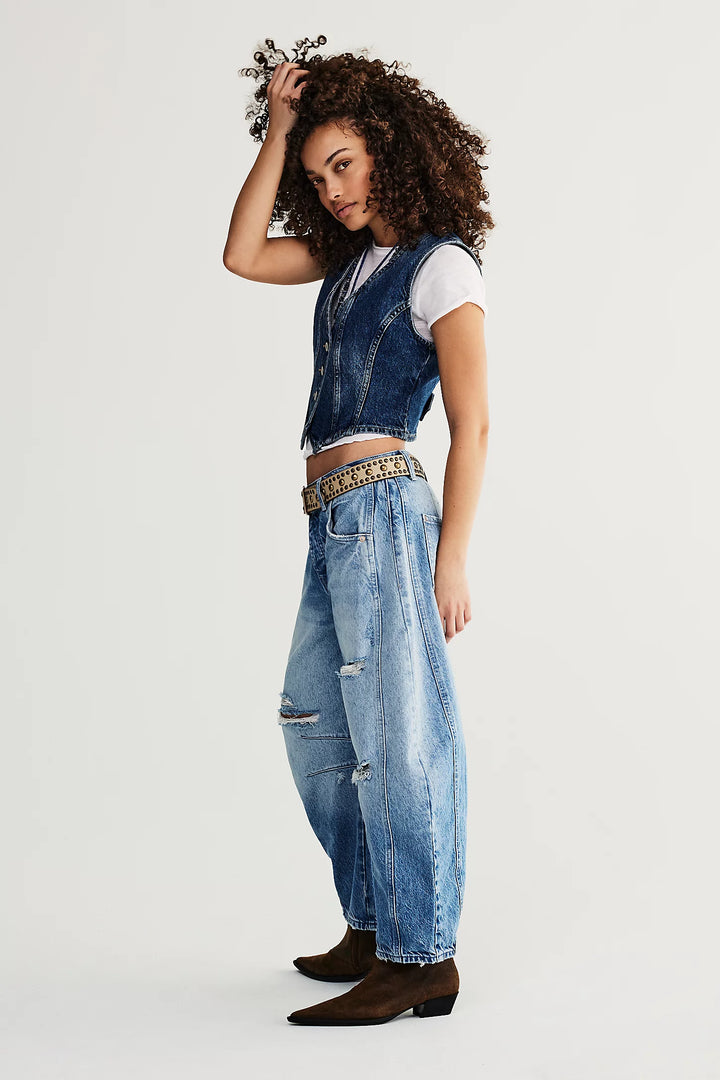 Good Luck Mid Rise Barrel Jeans - Barnyard Blue