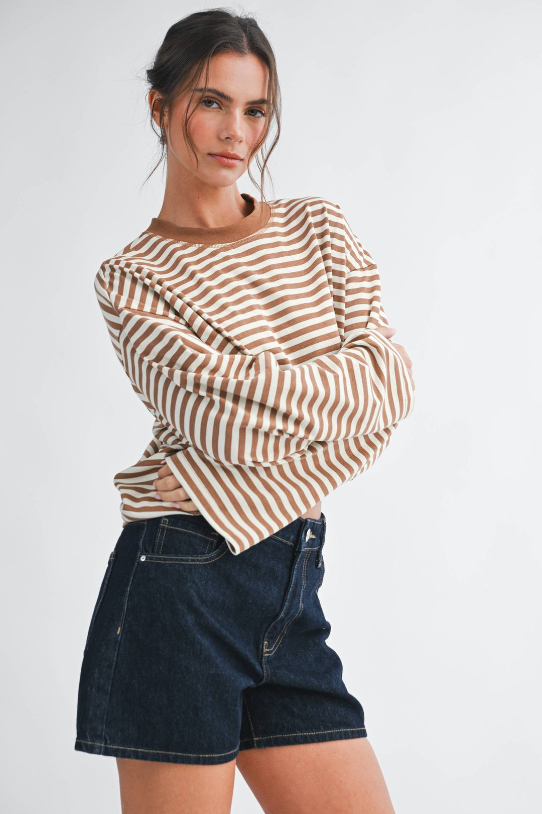 Oversized Stripe Long Sleeve Top: Latte