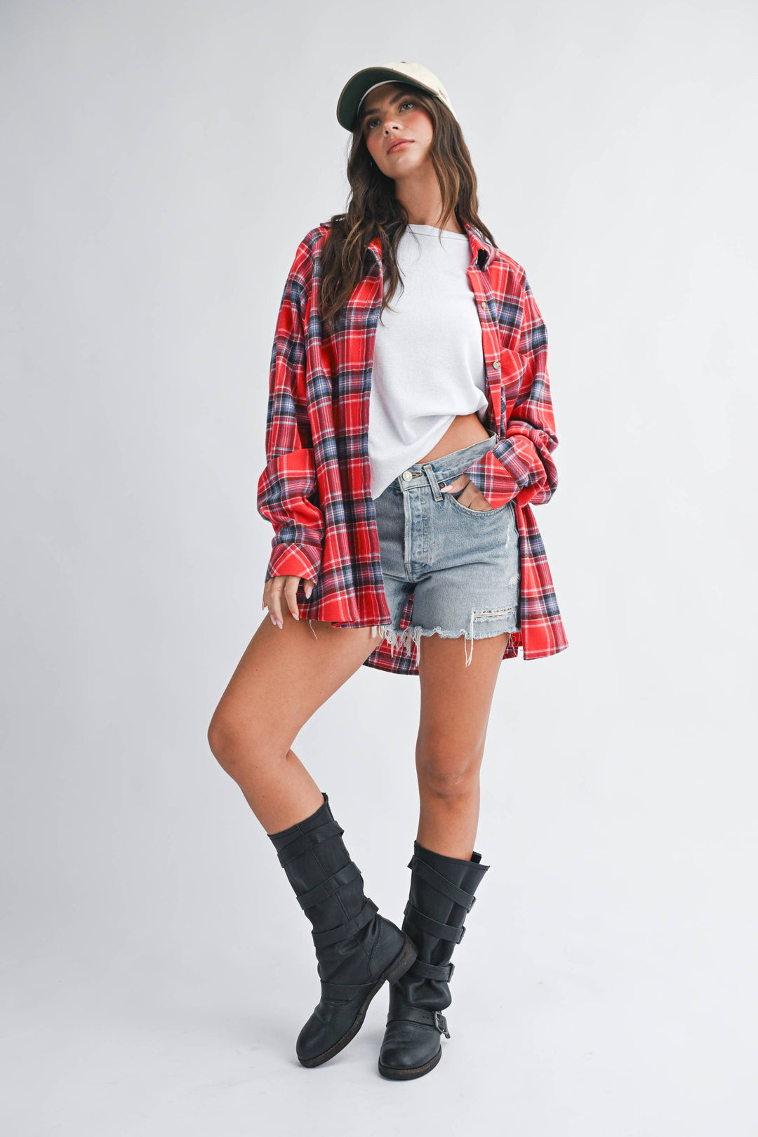 Oversized Plaid Button Down Shirt: Red