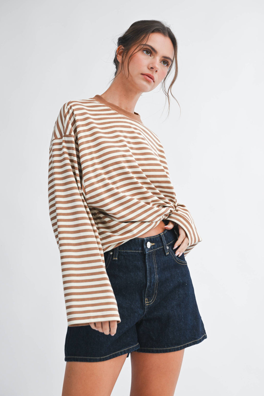 Oversized Stripe Long Sleeve Top: Latte