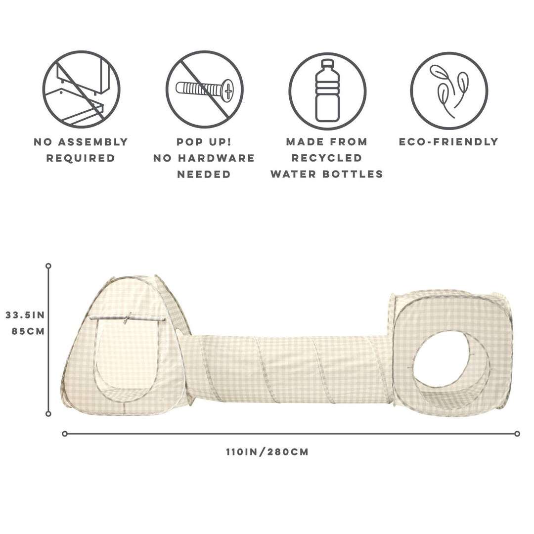 Kids 3-in-1 Play Tent & Tunnel Set with Recycled Fabric: Gingham Beige