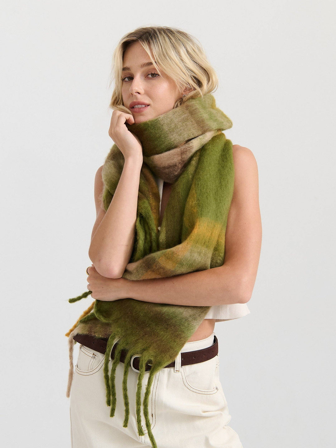 Checkered Fluffy Scarf - Matcha