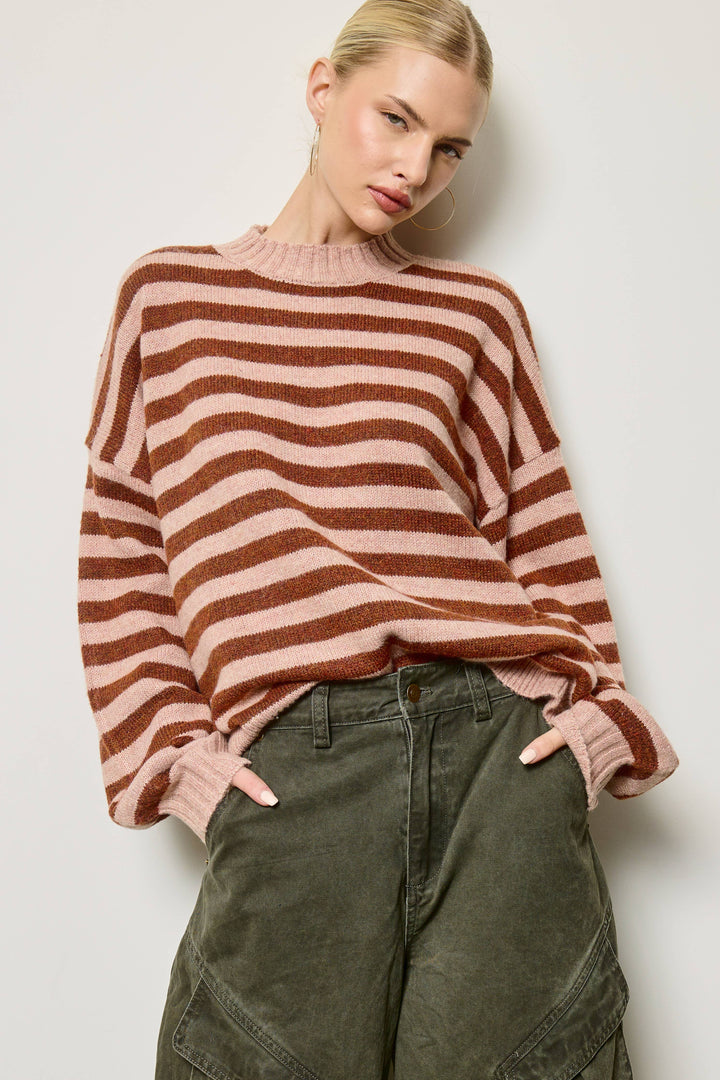 Slouchy Stripe Knit Sweater: Russet