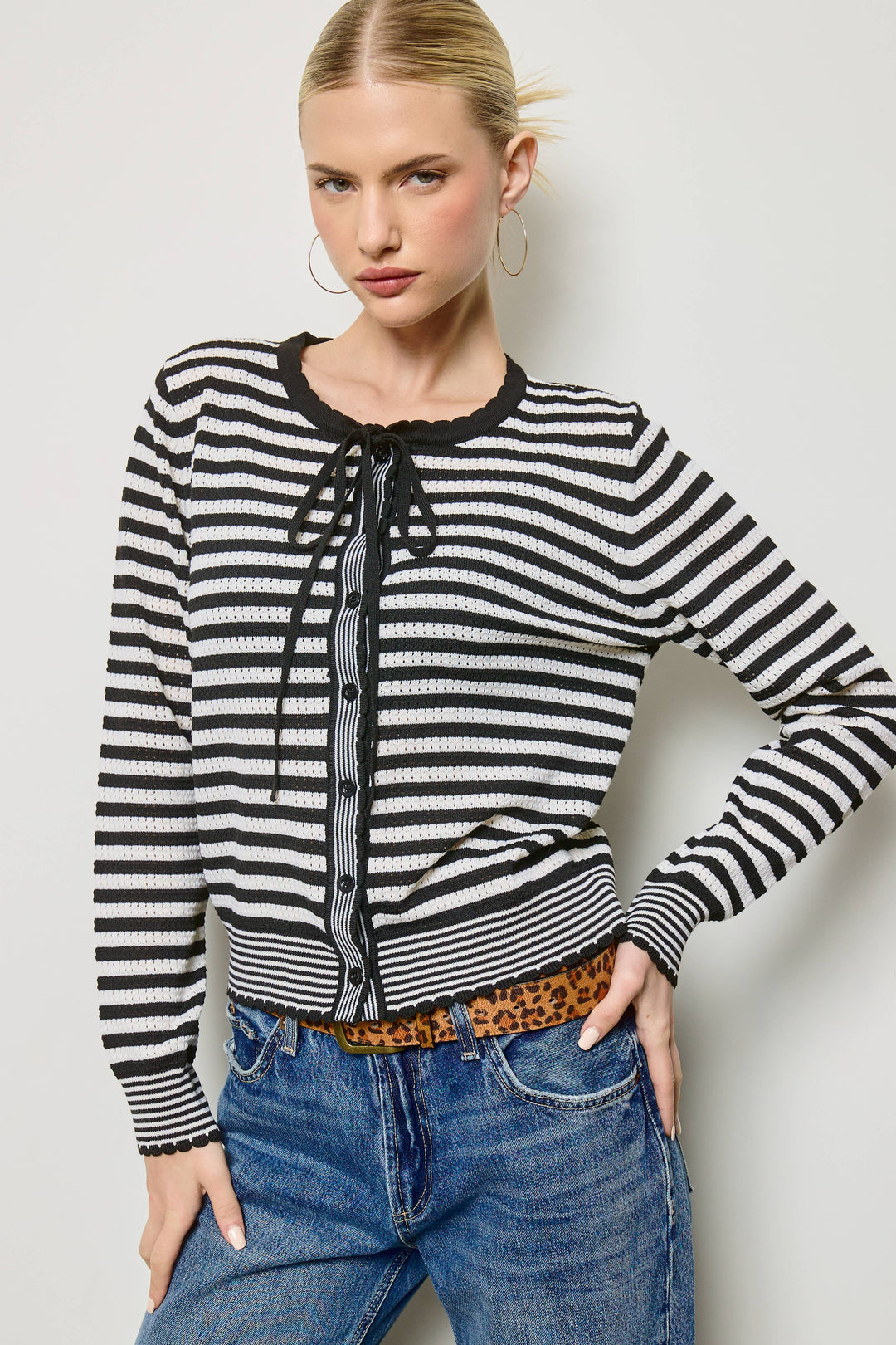 Mixed Stripe Bow Tie Cardigan: Black