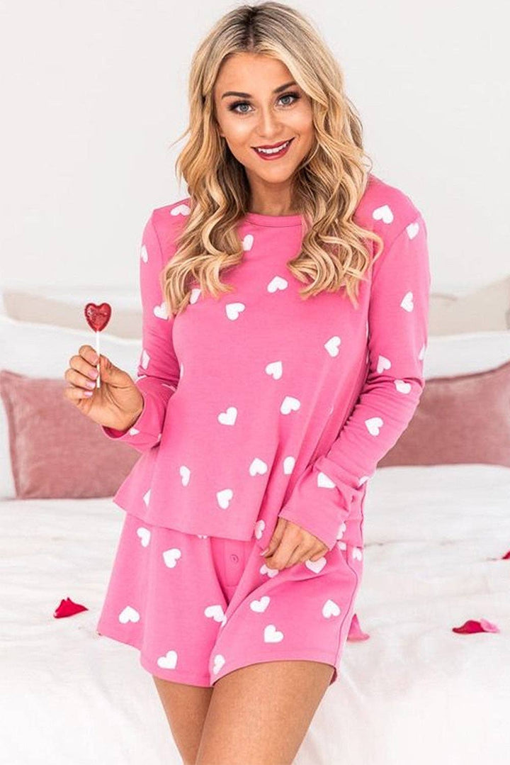 Pink Valentine Heart Print Long Sleeve Tee and Shorts Lounge Set: Pink