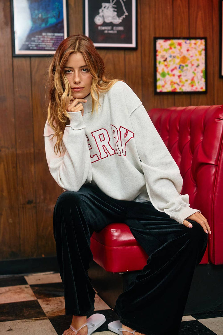 'MERRY' Embroidered Mock Neck Sweatshirt