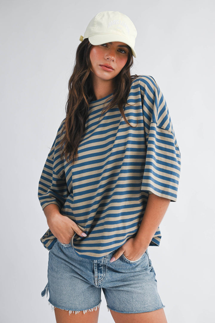 Oversized Stripe Boyfriend Tee: Tan