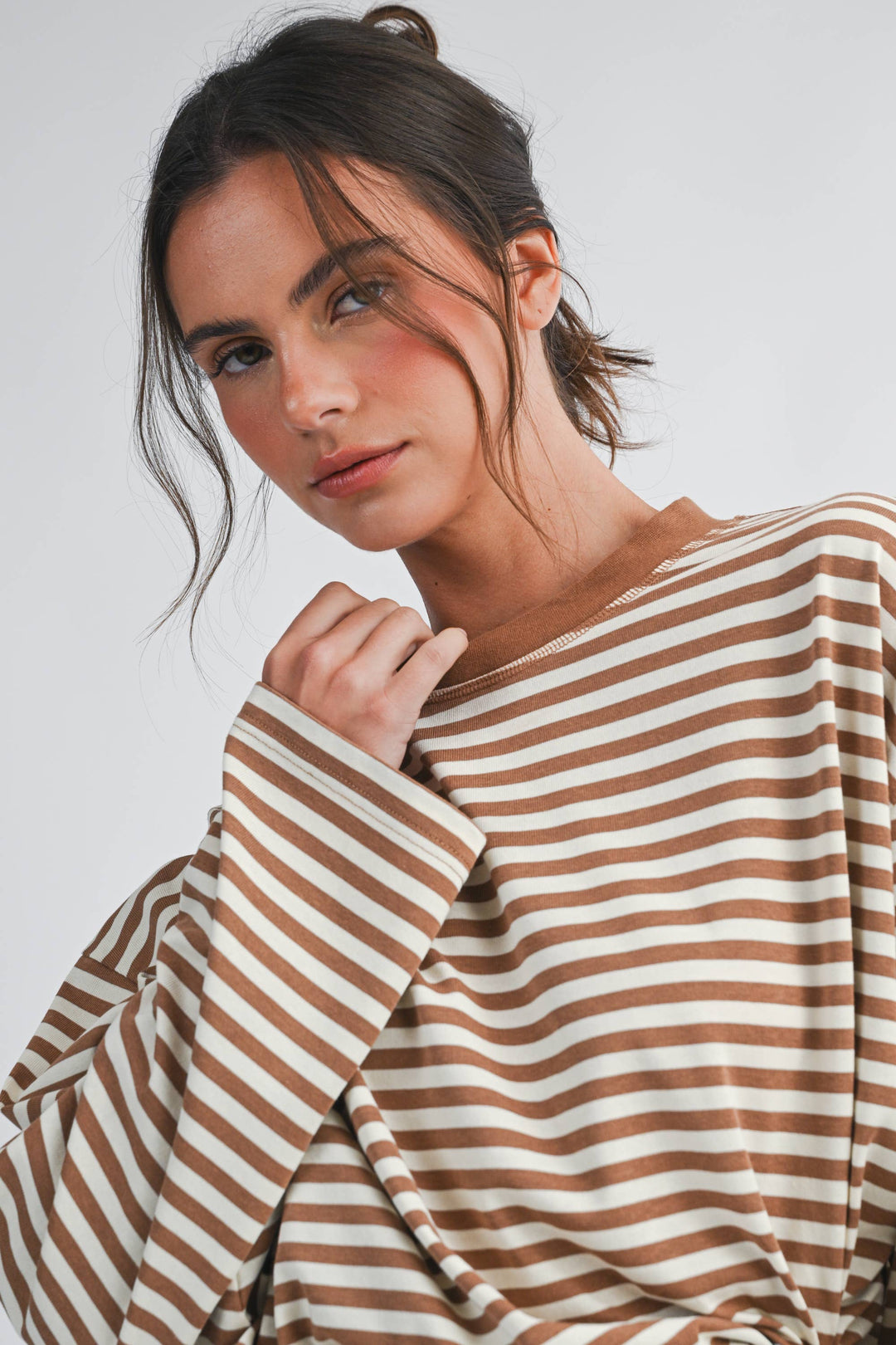 Oversized Stripe Long Sleeve Top: Latte