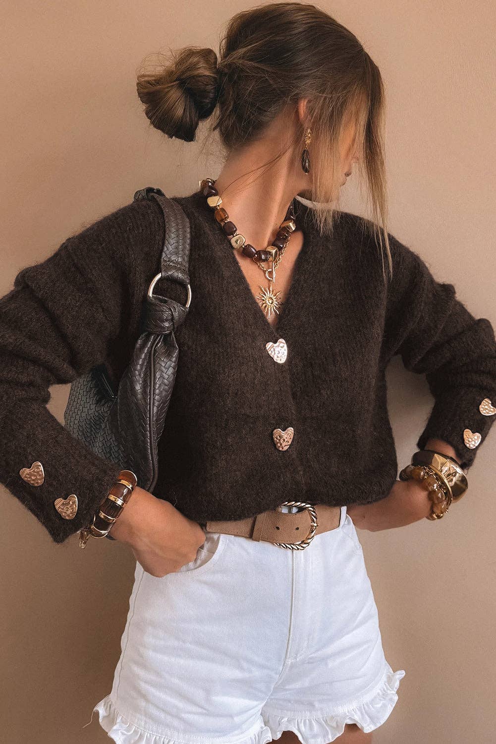 Chicory Coffee Heart Metal Button V Neck Cardigan Sweater: Chicory Coffee