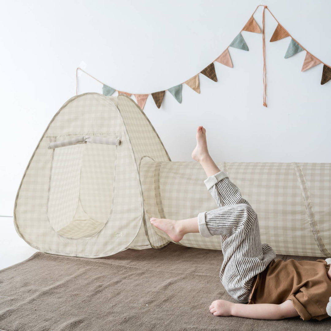 Kids 3-in-1 Play Tent & Tunnel Set with Recycled Fabric: Gingham Beige