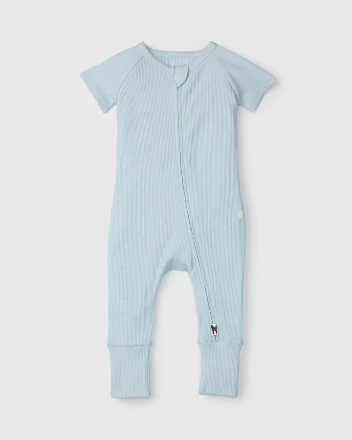 Waffle Short Sleeve Zipped Romper- Seaglass
