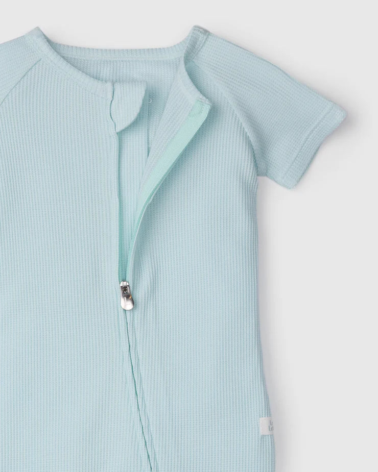 Waffle Short Sleeve Zipped Romper- Seaglass